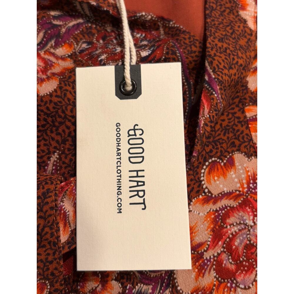 Good Hart Floral Boho Midi Dress Burgundy Rust Red Tie Neck Rayon Medium M - Picture 10 of 11